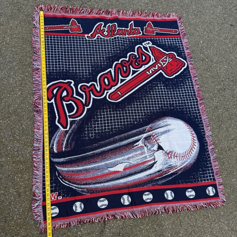 VINTAGE MLB Atlanta Braves Baseball Throw Blanket 56"x 43" Made in USA - Picture 1 of 6